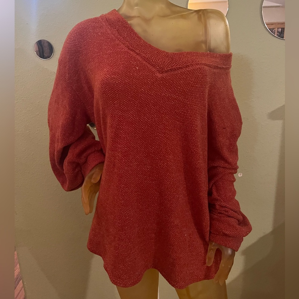 Women's Off-Shoulder V-Neck Oversized Burnt Orange Sweater